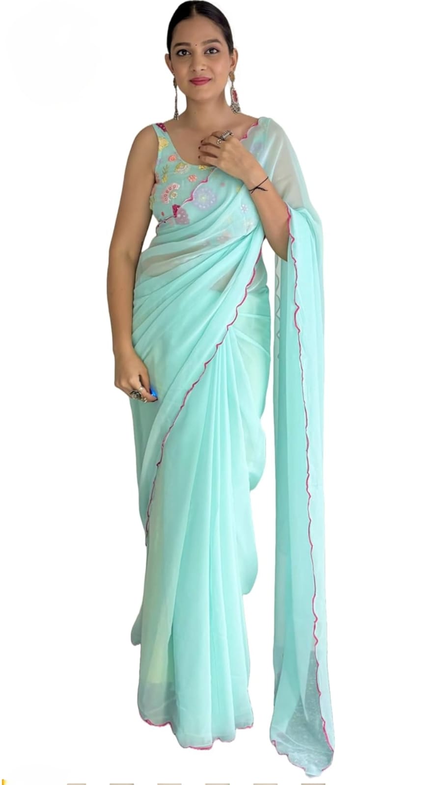 Vamika Embroidery Sky Blue Georgette Bollywood Saree - Distacart