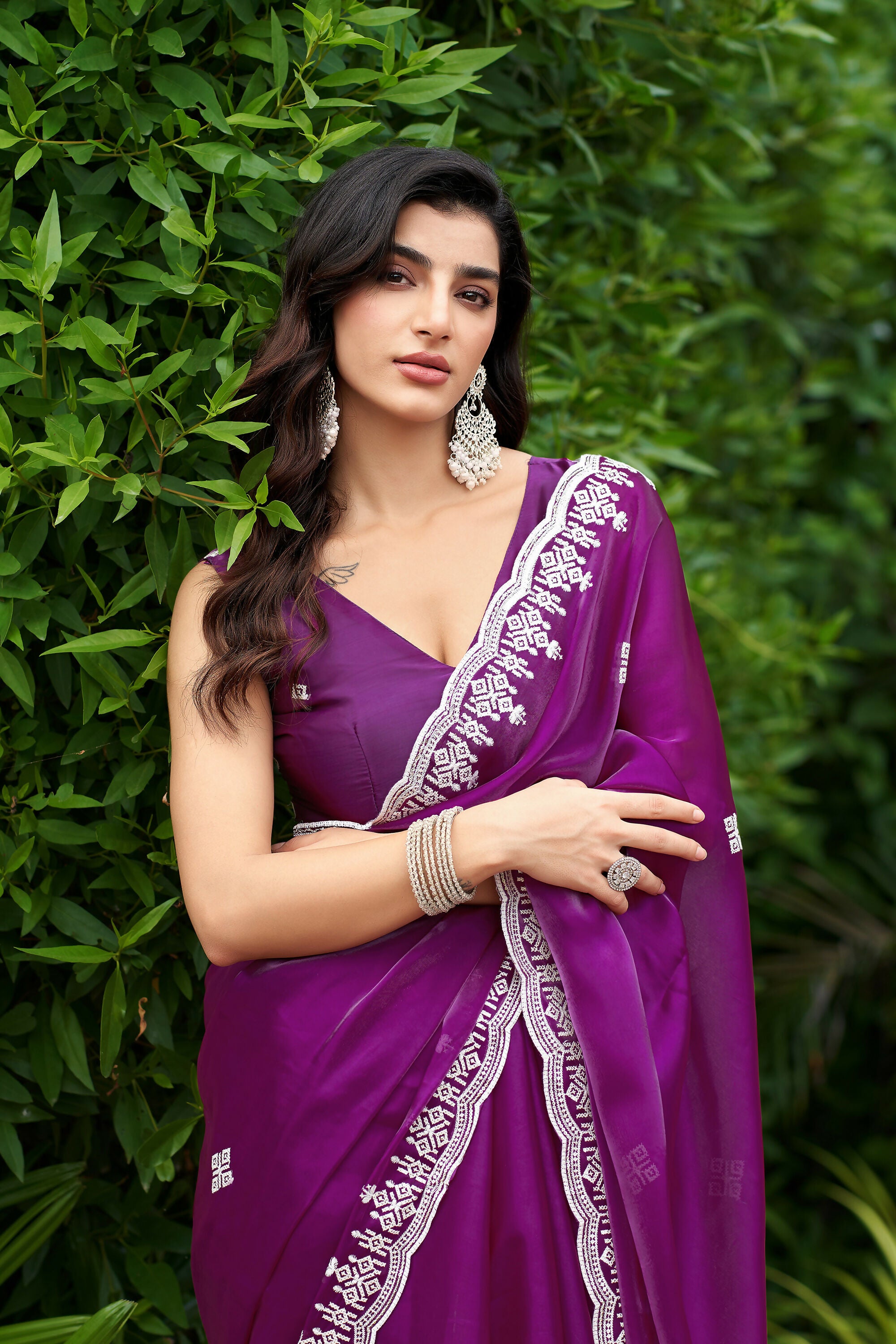 Vastranavya Purple Embroidery Work Shimmer Chiffon Saree with Unstitched Blouse
