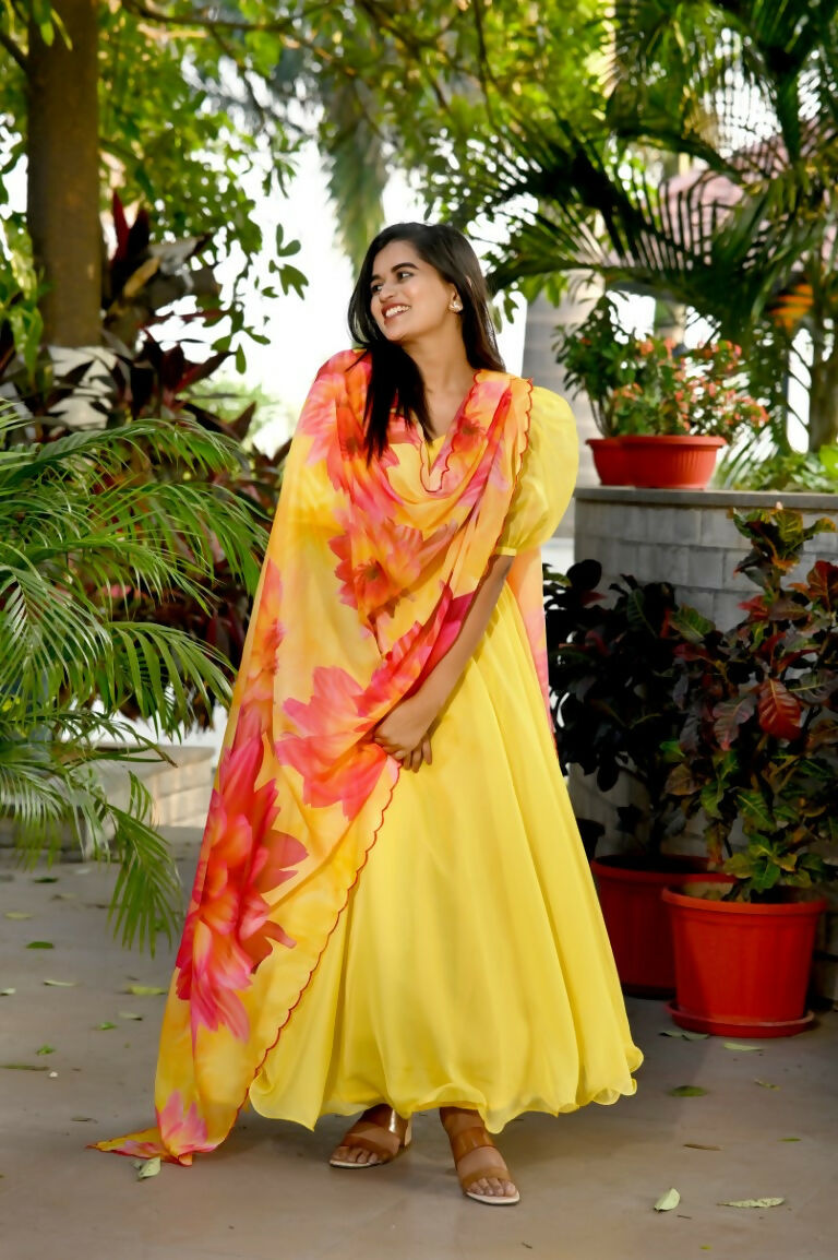Aastha Fashion Women's Yellow Tebby Silk Anarkali Dress with Dupatta - Distacart