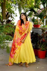 Thumbnail for Aastha Fashion Women's Yellow Tebby Silk Anarkali Dress with Dupatta - Distacart