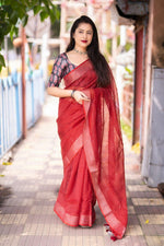 Thumbnail for Red Linen Sequence Saree with Unstitched Blouse - Hiral Fashion - Distacart