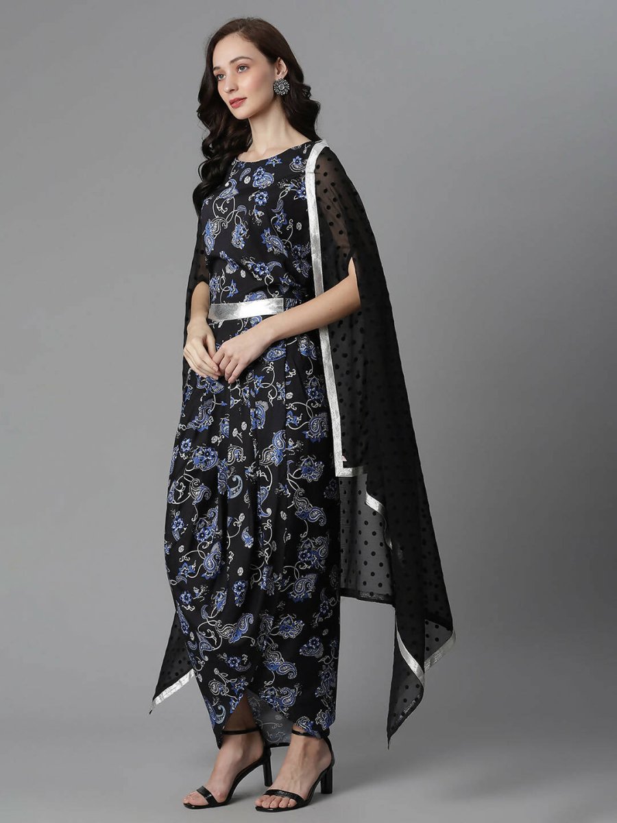 Ahalyaa Women's Black Color Crepe Digital Print Top Skirt With Shrug - Distacart