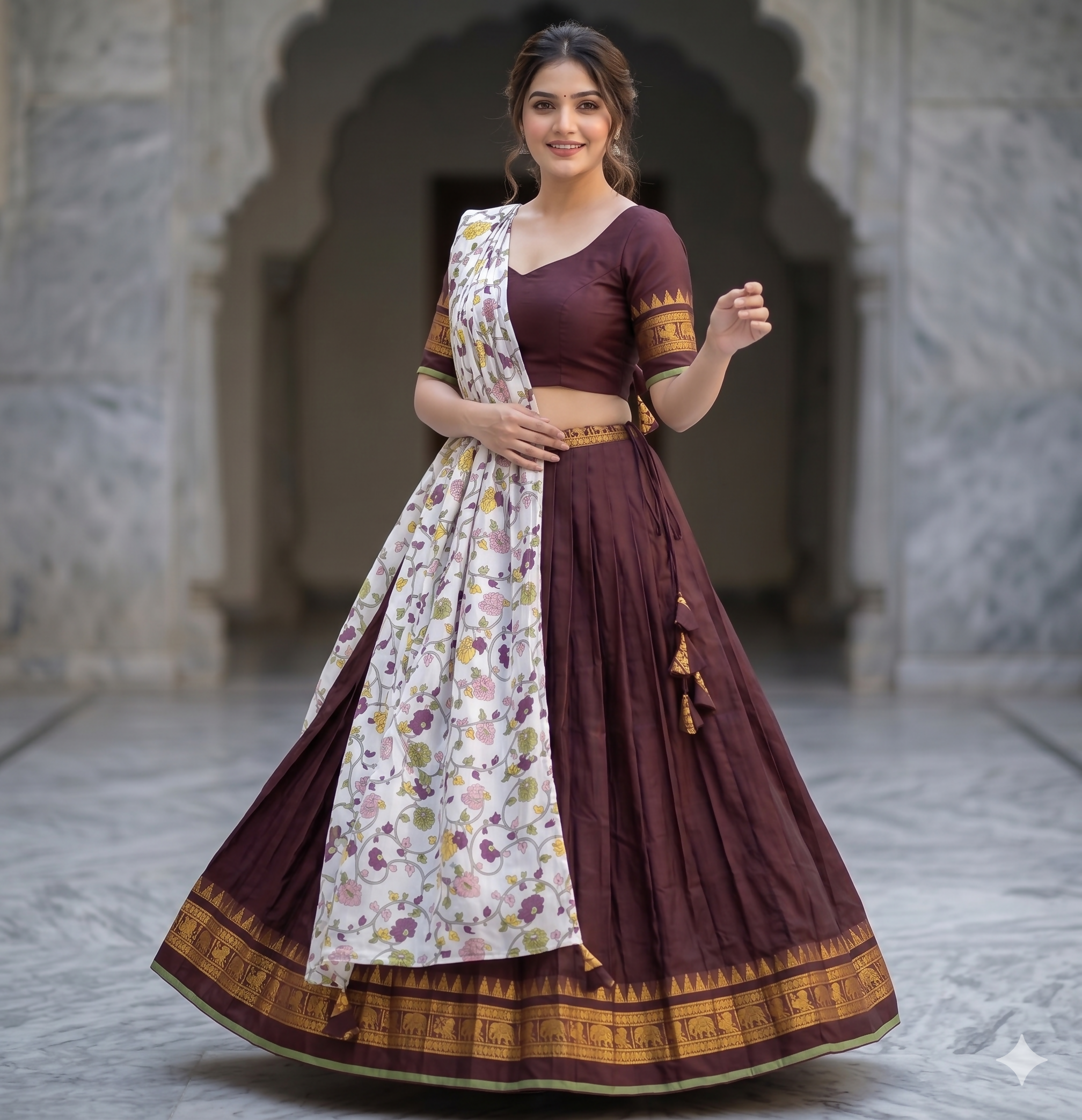 Teeya Creation Womens New Trendy Brown Traditional Pleated Lehenga Choli Set with Floral Printed Dupatta and Contrast Zari Border Set - Dista