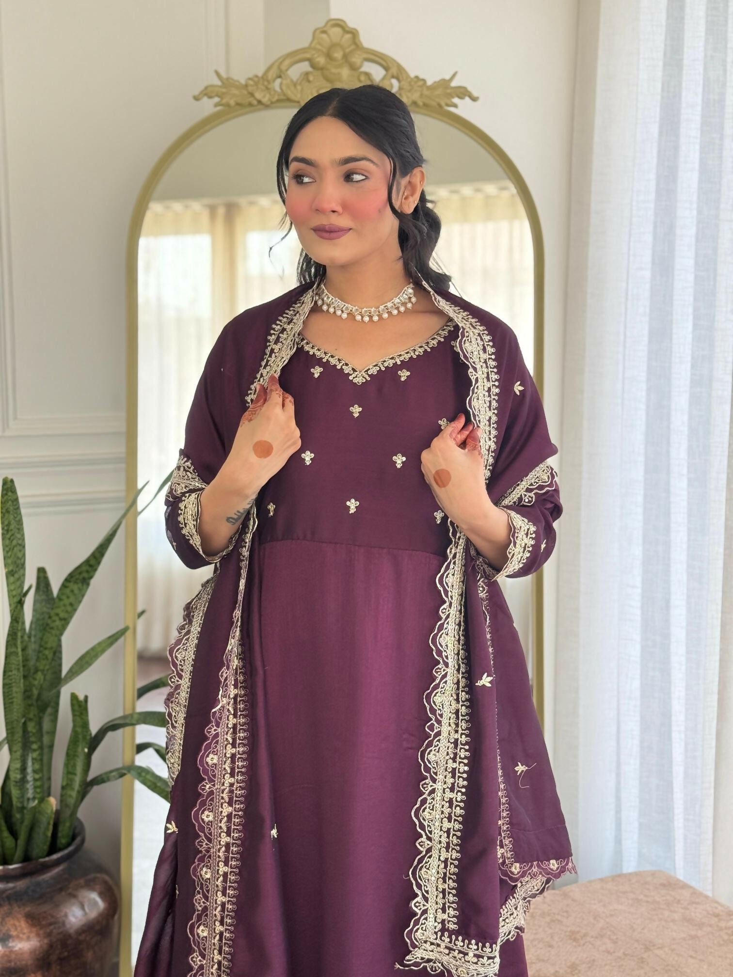 The52 Wine Women's Gorgeous Vichitra Silk Fabric Embroidered Work Flared Anarkali Pant and Dupatta Set