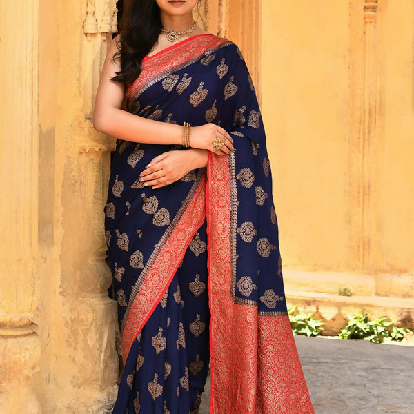 Joban Fashion Navy Blue Crepe Chiffon Pure Handloom Banarasi Silk Saree