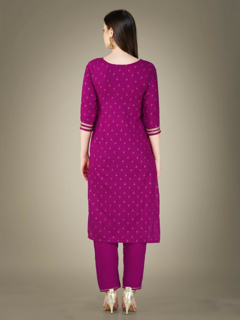 Jyoti Fashion Women's Purple Cotton Magic Slub Embroidery & Sequence work Kurta with Trouser & Dupatta - Distacart