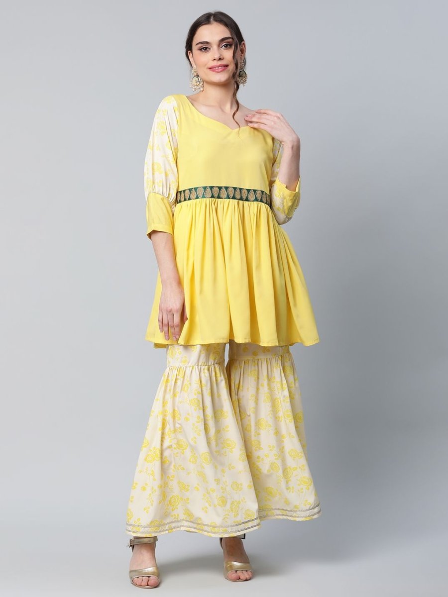 Ahalyaa Women Yellow Crepe Floral Short Kurta with Sharara Set - Distacart