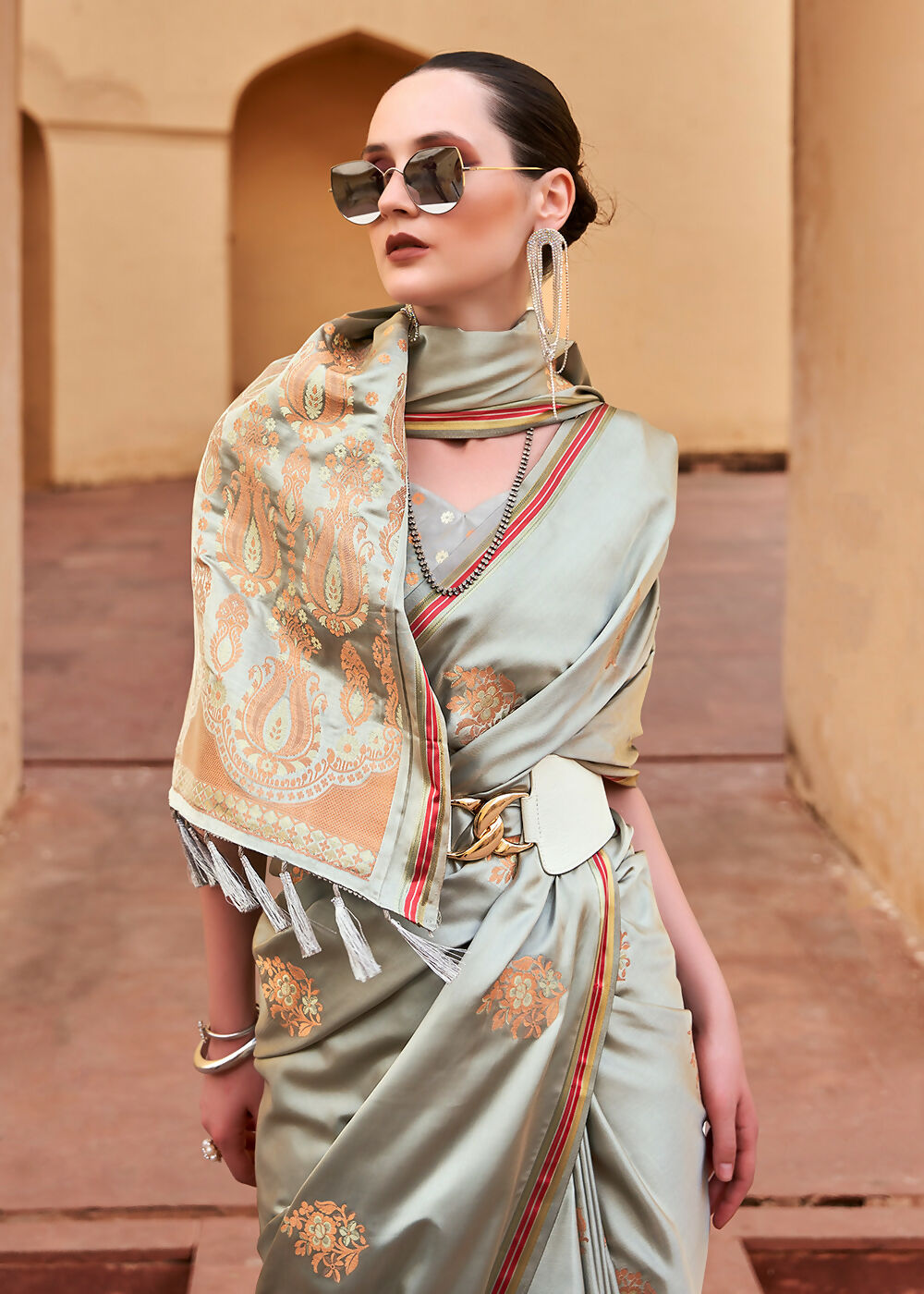 Dusty Grey Pure Satin Zari Weaving Wedding Festive Saree - Emponline - Distacart