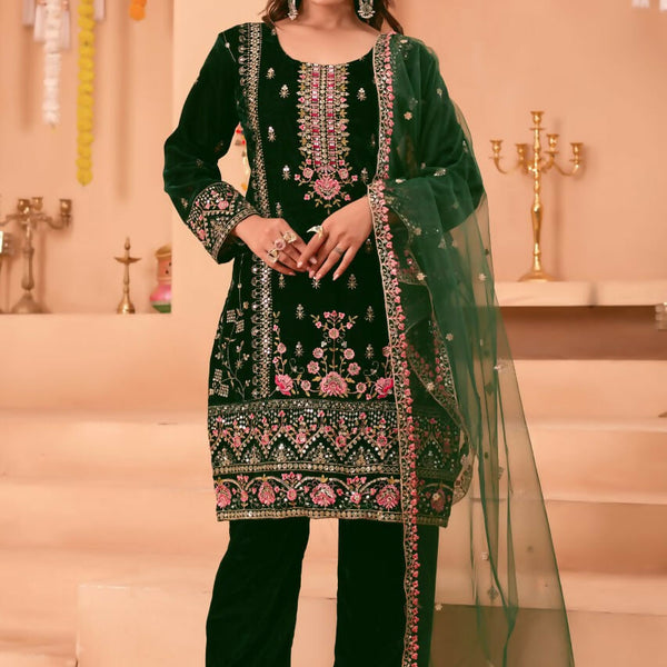 Joban Fashion Green Kurta Set Velvet Embroidery Sequence Work - Distacart