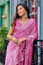 Thumbnail for Vastranavya Baby Pink Embroidery Work Shimmer Chiffon Saree with Unstitched Blouse