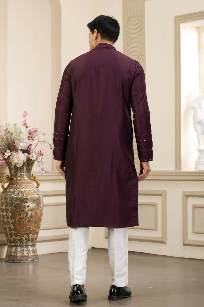 Raivat Ethnic Banarasi Art Silk Thread and Mirror Work Kurta Pajama In Wine Colour