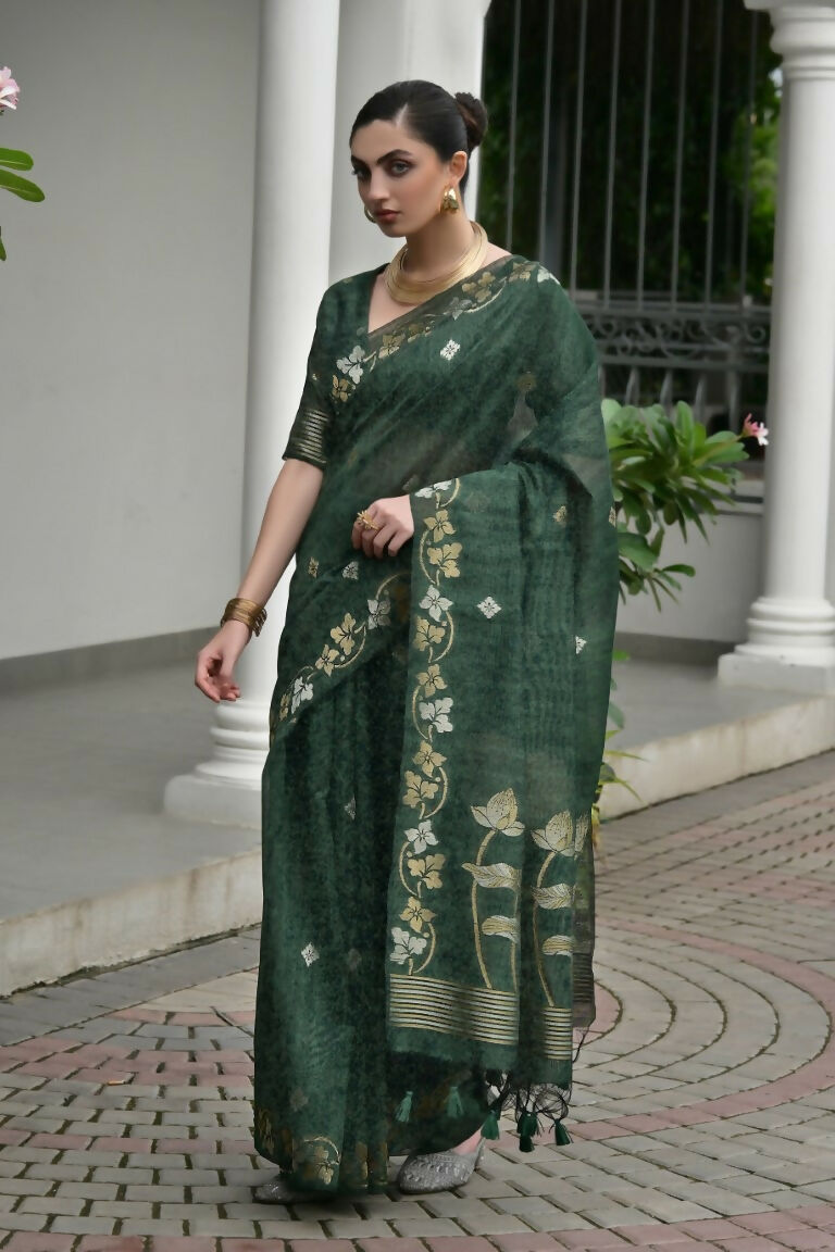 Vishnu Weaves Women's Green Linen Silk Zari Weaving Saree with Blouse