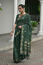 Thumbnail for Vishnu Weaves Women's Green Linen Silk Zari Weaving Saree with Blouse