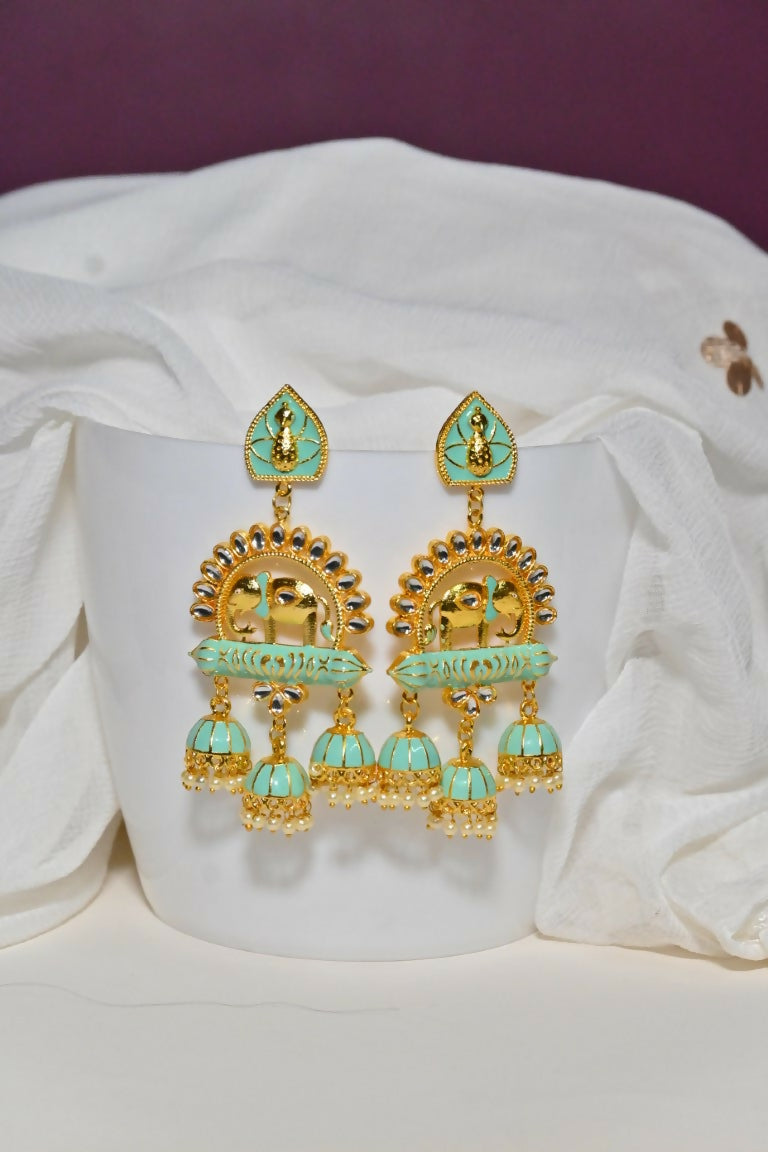 Green Traditional Gold-Polished Elephant Design Kundan Jhumka Jhumki Earrings Indian Jewellery For Women & Girls By House of Ree - Distacart