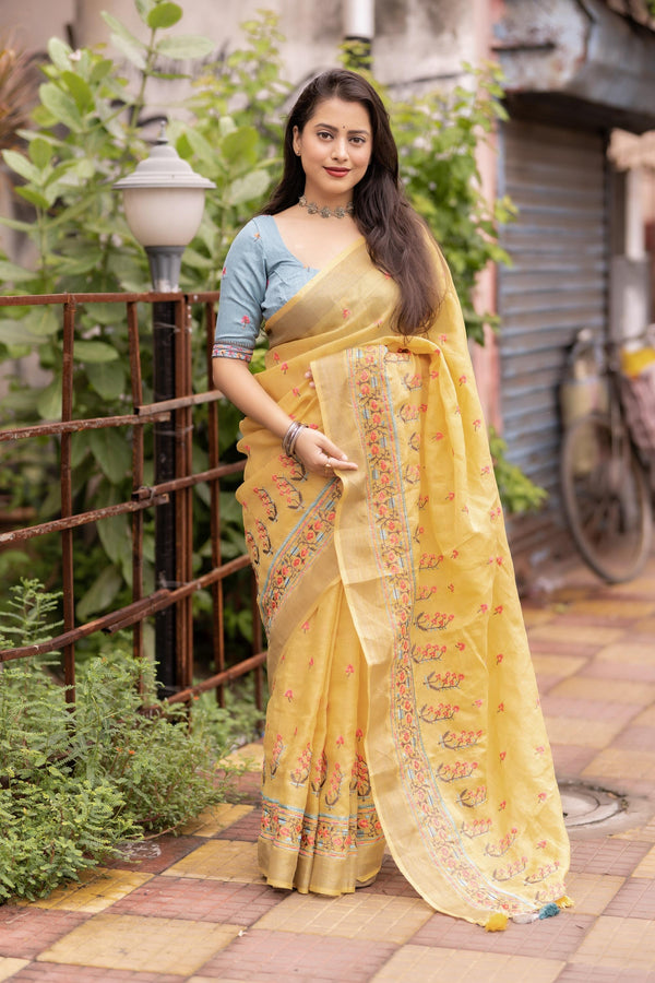 Yellow Pure Linen Ethnic Motifs Saree with Unstitched Blouse - Hiral Fashion - Distacart