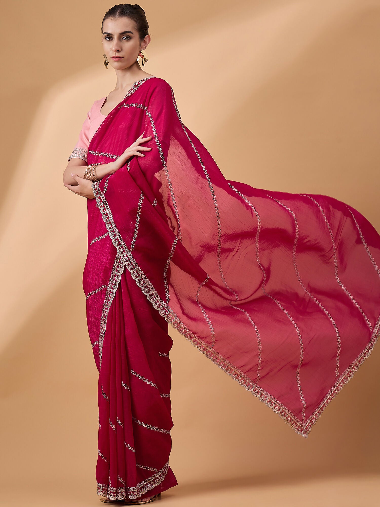 Pink Muslin Embroidered Saree with Unstitched Blouse Piece - Satya - Distacart