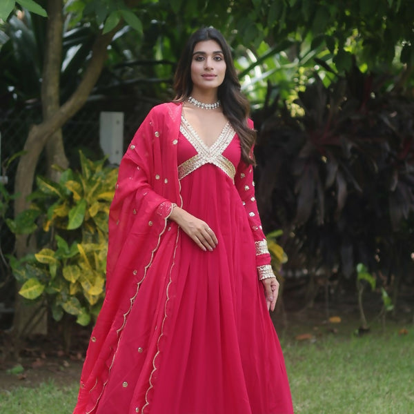 Jyoti Fashion Women's Rani Pink Faux Blooming Sequins Zari Embroidered Anarkali Dress with Dupatta - Distacart