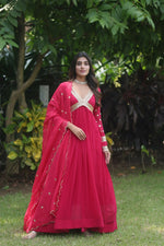 Thumbnail for Jyoti Fashion Women's Rani Pink Faux Blooming Sequins Zari Embroidered Anarkali Dress with Dupatta - Distacart
