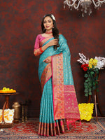 Thumbnail for Lorenvalley Fashion Firozi Organza Silk Woven Design with Rich Meenakari Weaving Pallu Saree - Distacart