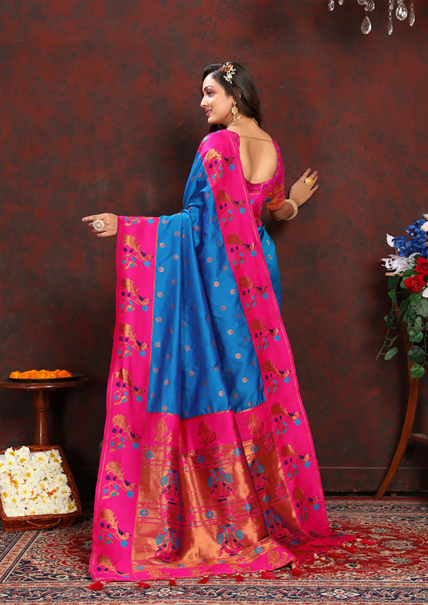 Lorenvalley Fashion Firozi Soft Paithani Silk Woven Design Rich Zari Meenakari Weaving Saree - Distacart