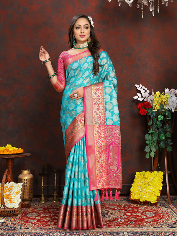 Lorenvalley Fashion Firozi Organza Silk Woven Design with Rich Meenakari Weaving Pallu Saree - Distacart
