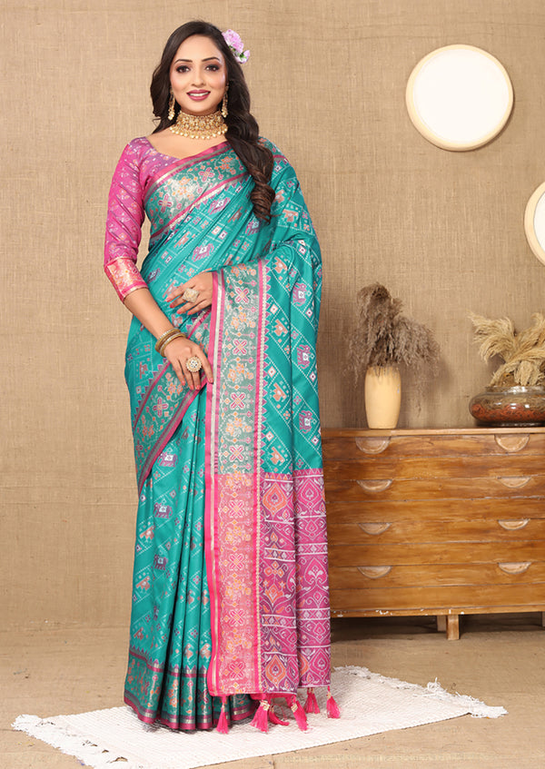 Lorenvalley Fashion Firozi Patola Silk Woven Design with Zari Meenakari Weaving motifs motifs Pallu Saree - Distacart