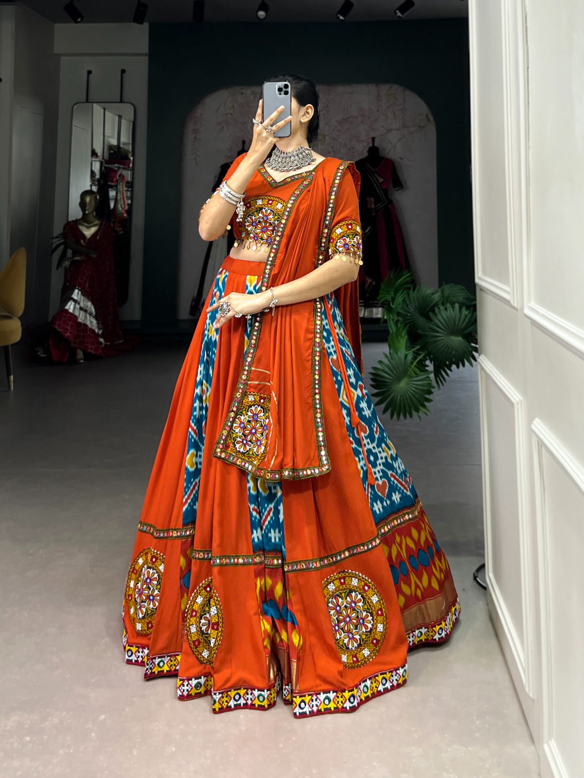 Lorenvalley Firozi Rayon and Printed Silk with Plain And Printed With Original Mirror Gamthi Work And Gamthi Patch Work Lehenga Choli - Distacart