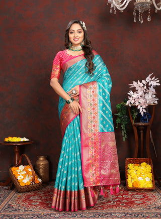 Lorenvalley Fashion Firozi Organza Silk Woven Design with Rich Meenakari Weaving Pallu Saree - Distacart