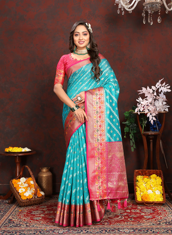 Lorenvalley Fashion Firozi Organza Silk Woven Design with Rich Meenakari Weaving Pallu Saree - Distacart