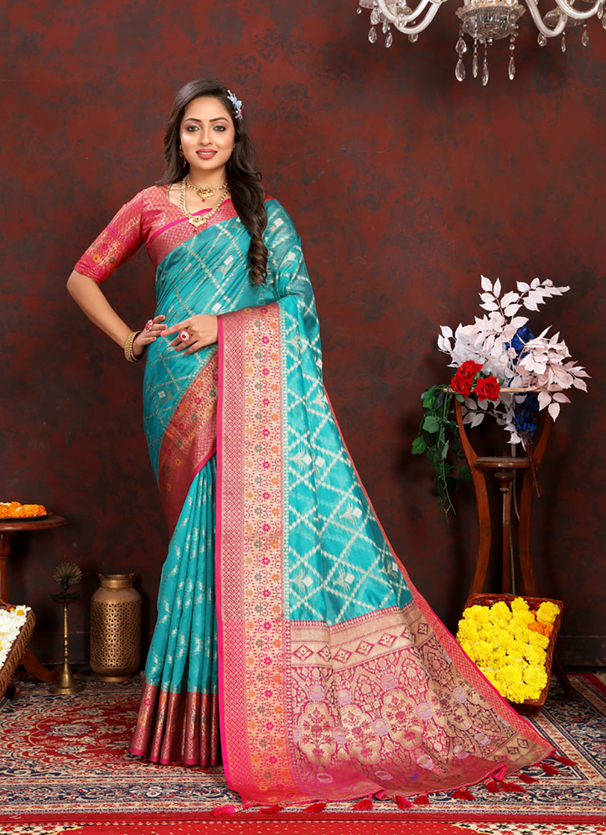 Lorenvalley Fashion Firozi Organza Silk Woven Design with Rich Meenakari Weaving Pallu Saree - Distacart