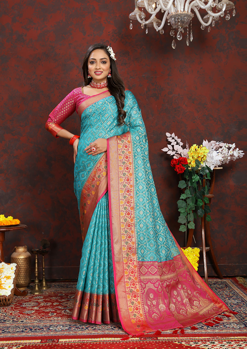 Lorenvalley Fashion Firozi Organza Silk Woven Design with Rich Meenakari Weaving Pallu Saree - Distacart