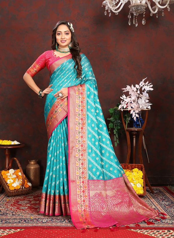 Lorenvalley Fashion Firozi Organza Silk Woven Design with Rich Meenakari Weaving Pallu Saree - Distacart