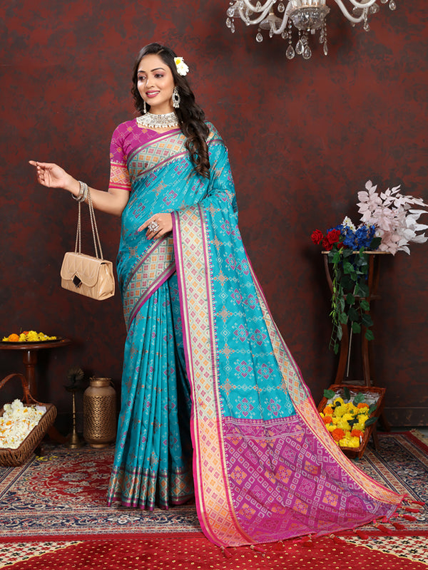 Lorenvalley Fashion Firozi Patola Silk Woven Design with Zari Meenakari Weaving motifs motifs Pallu Saree - Distacart