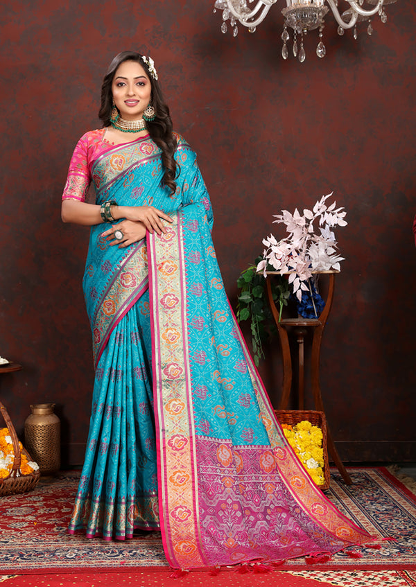 Lorenvalley Fashion Firozi Patola Silk Woven Design with Zari Meenakari Weaving motifs motifs Pallu Saree - Distacart