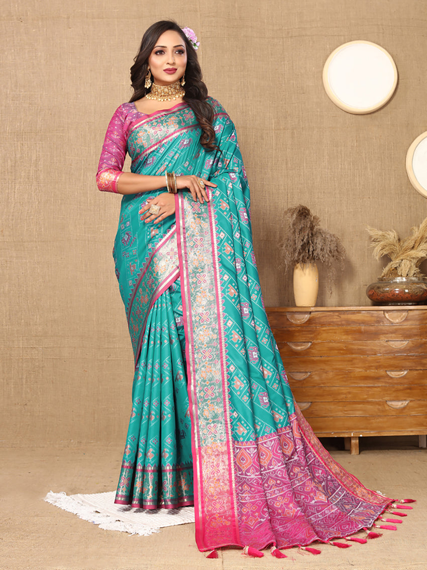 Lorenvalley Fashion Firozi Patola Silk Woven Design with Zari Meenakari Weaving motifs motifs Pallu Saree - Distacart