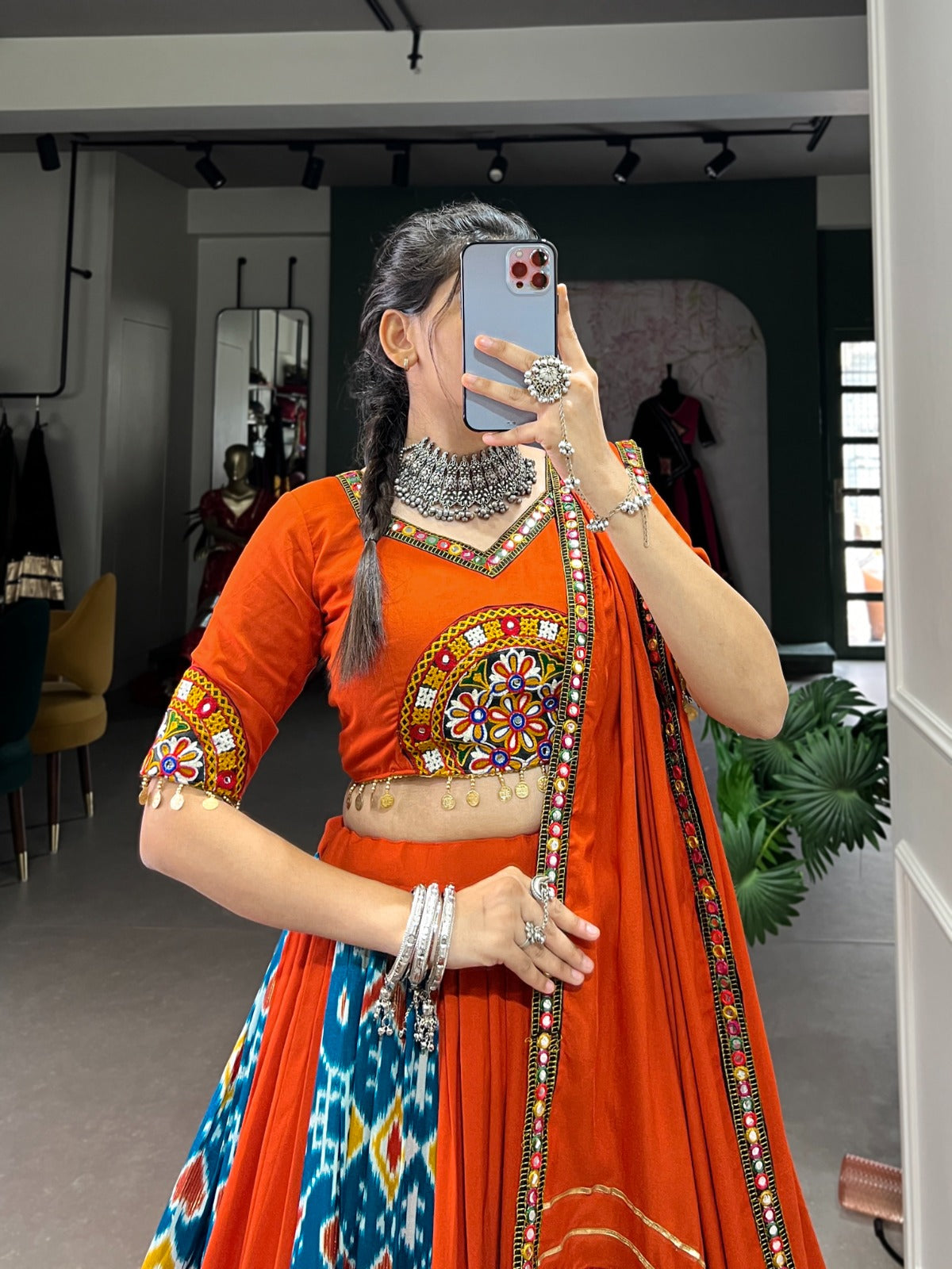 Lorenvalley Firozi Rayon and Printed Silk with Plain And Printed With Original Mirror Gamthi Work And Gamthi Patch Work Lehenga Choli - Distacart