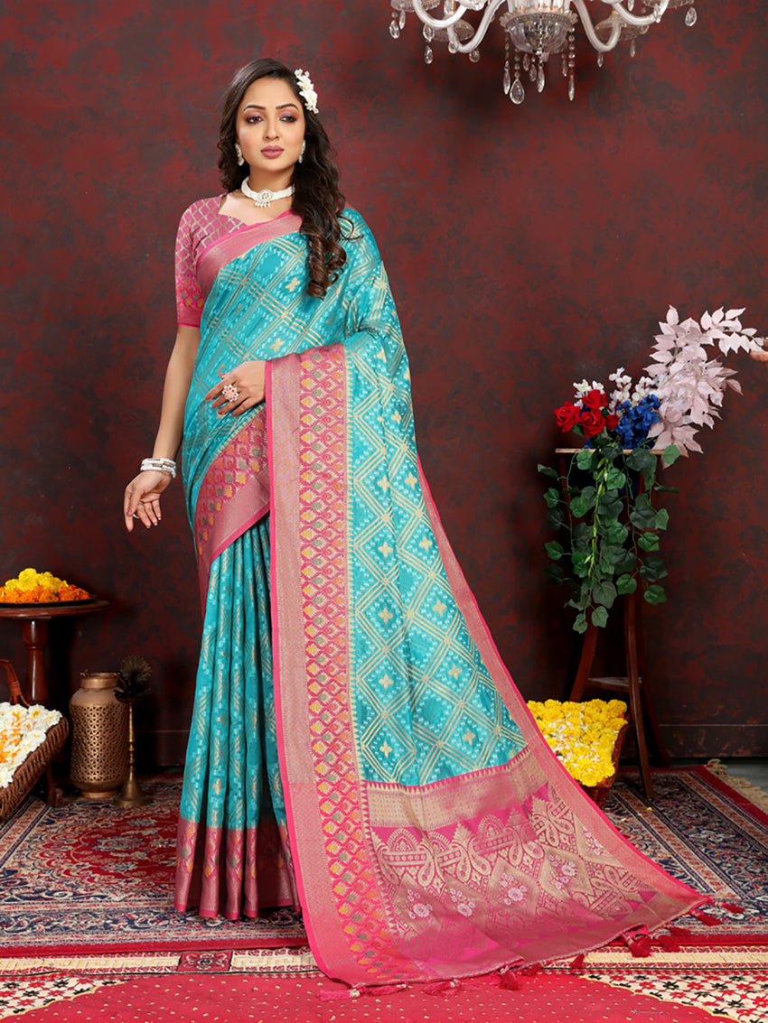 Lorenvalley Fashion Firozi Organza Silk Woven Design with Rich Meenakari Weaving Pallu Saree - Distacart