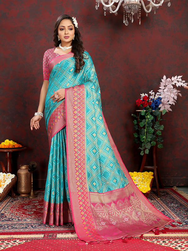 Lorenvalley Fashion Firozi Organza Silk Woven Design with Rich Meenakari Weaving Pallu Saree - Distacart