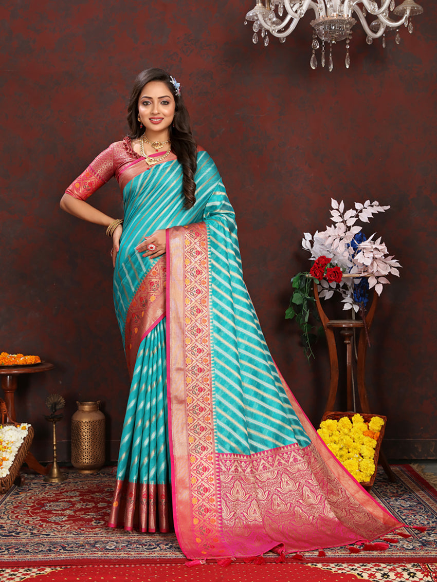 Lorenvalley Fashion Firozi Organza Silk Woven Design with Rich Meenakari Weaving Pallu Saree - Distacart