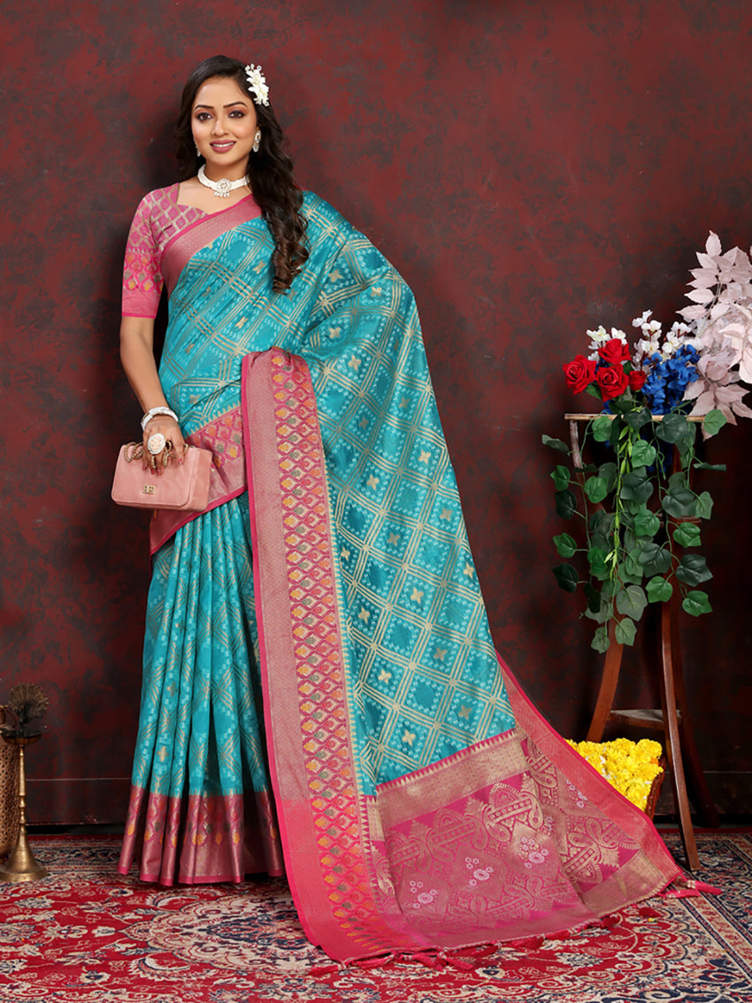 Lorenvalley Fashion Firozi Organza Silk Woven Design with Rich Meenakari Weaving Pallu Saree - Distacart