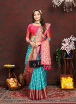 Thumbnail for Lorenvalley Fashion Firozi Organza Silk Woven Design with Rich Meenakari Weaving Pallu Saree - Distacart