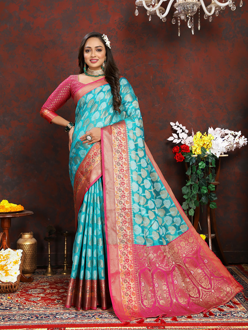 Lorenvalley Fashion Firozi Organza Silk Woven Design with Rich Meenakari Weaving Pallu Saree - Distacart