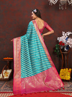 Thumbnail for Lorenvalley Fashion Firozi Organza Silk Woven Design with Rich Meenakari Weaving Pallu Saree - Distacart