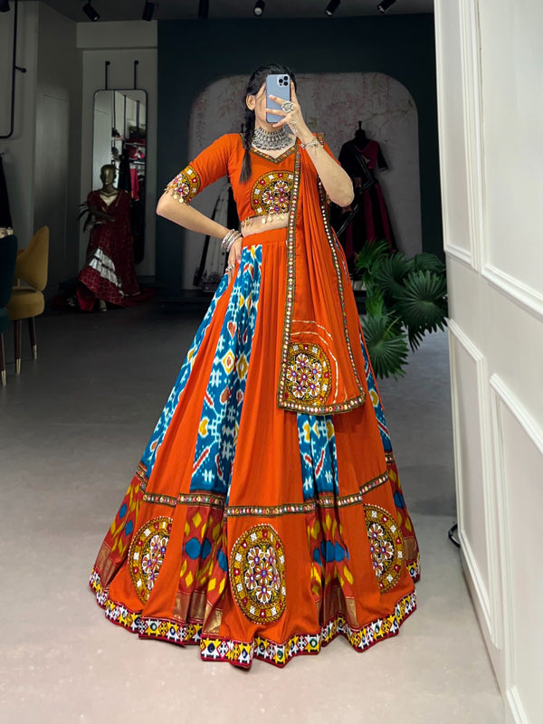 Lorenvalley Firozi Rayon and Printed Silk with Plain And Printed With Original Mirror Gamthi Work And Gamthi Patch Work Lehenga Choli - Distacart