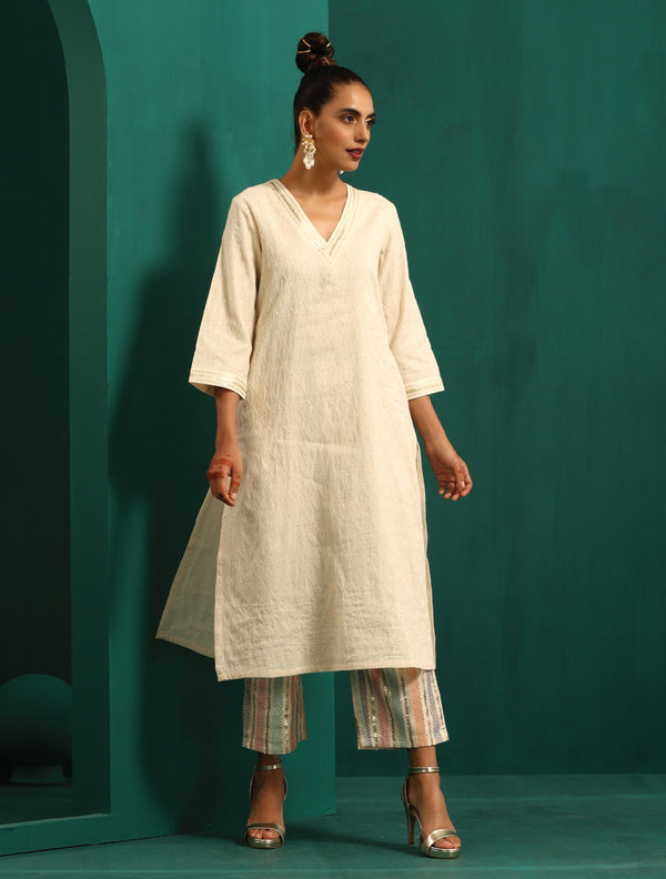 trueBrowns Ivory Tonal Cotton Kurta with Embroidered Pants - Distacart