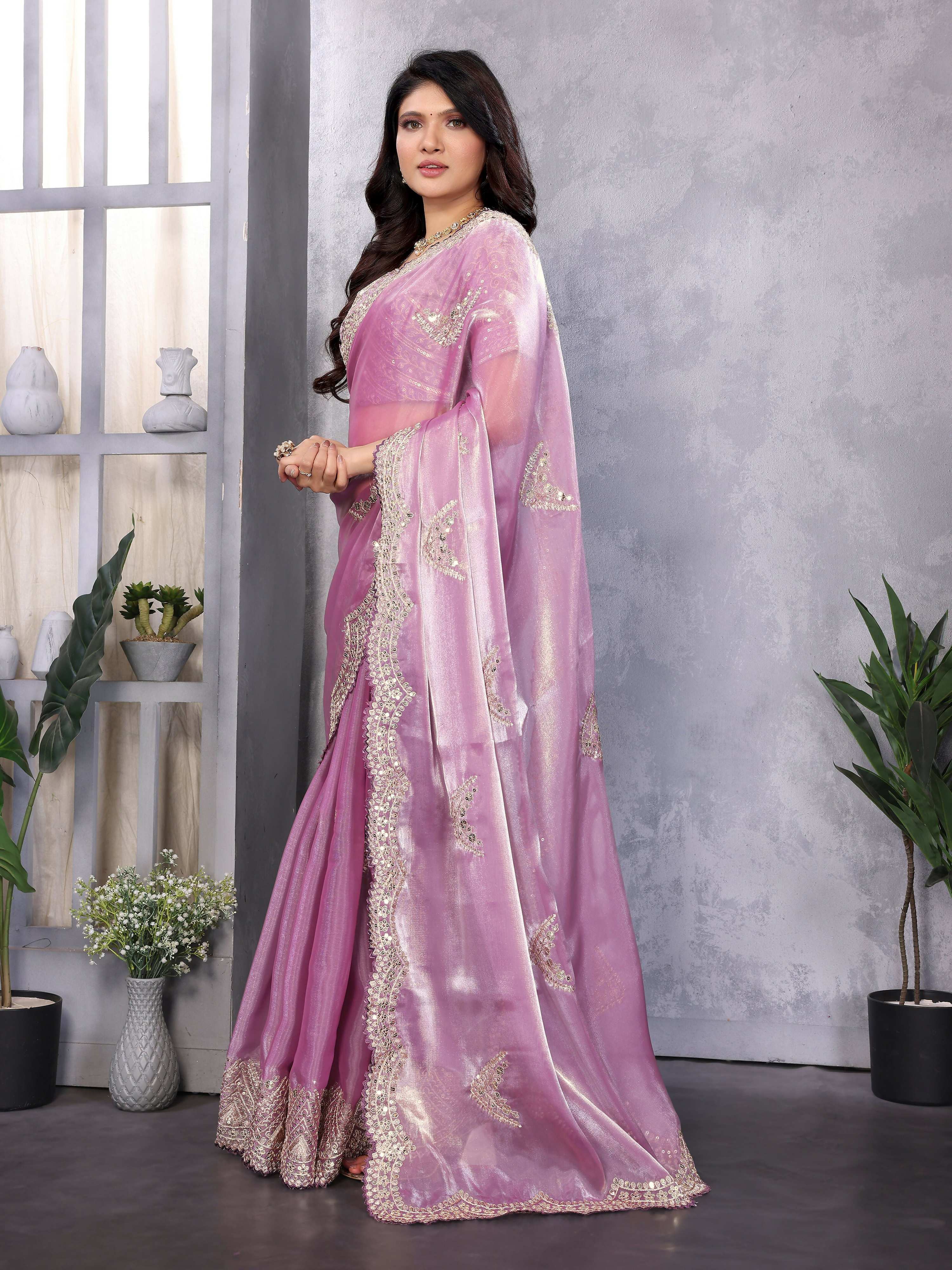 Vastranavya Lavender Embroidery Work Shimmer Chiffon Saree with Unstitched Blouse