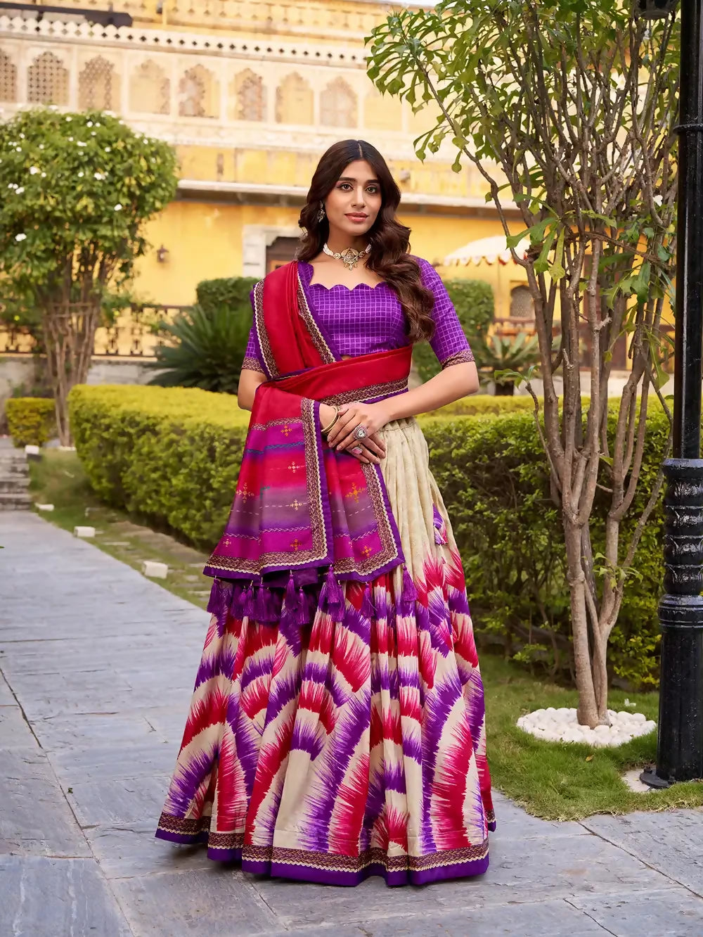 Looknbook Art Tasar Silk Tie-Dye Print Chaniya Choli with Lace Touch-Up-Off White