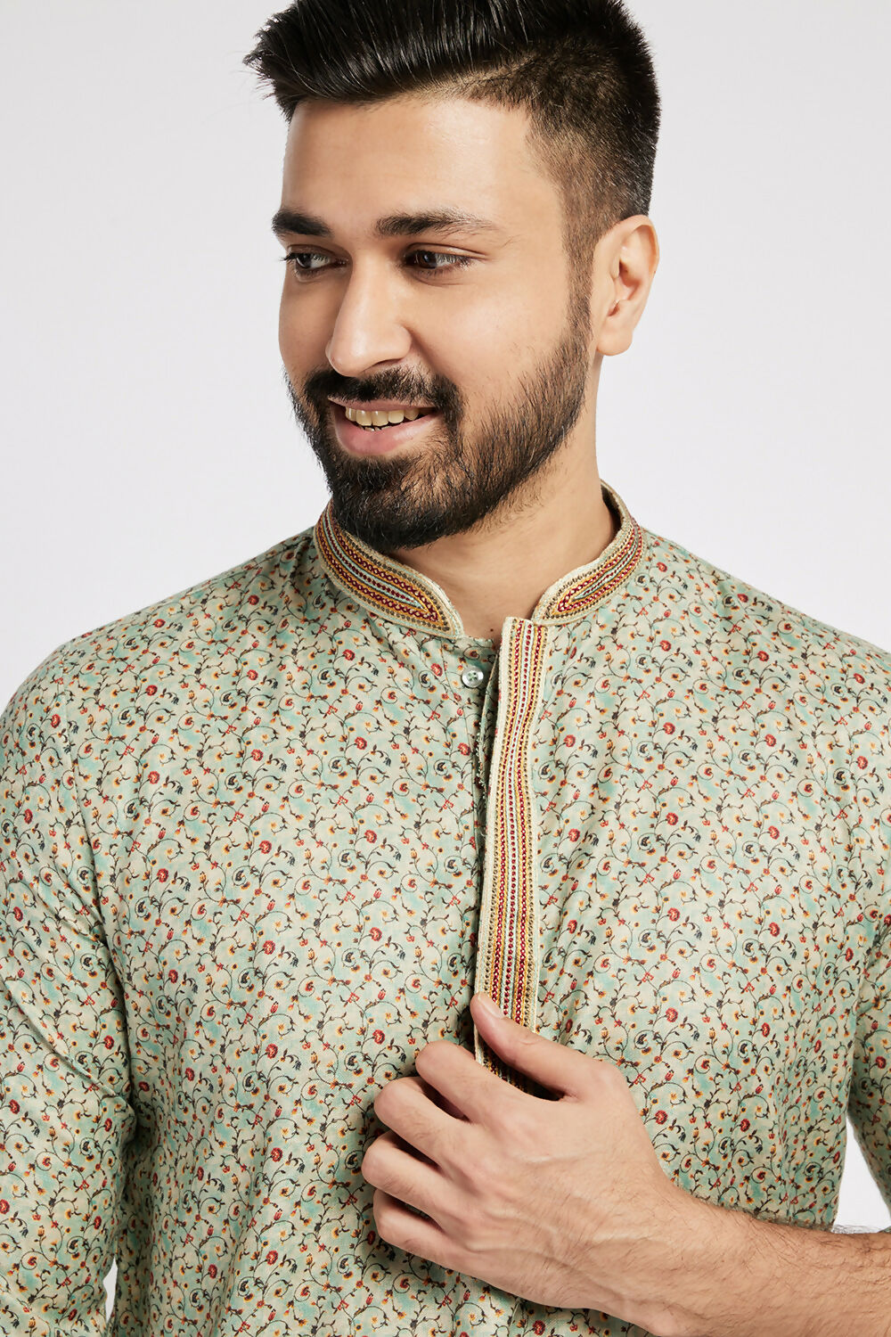 Ethnic India Blue Men's Kurta Floral Polyester - Distacart