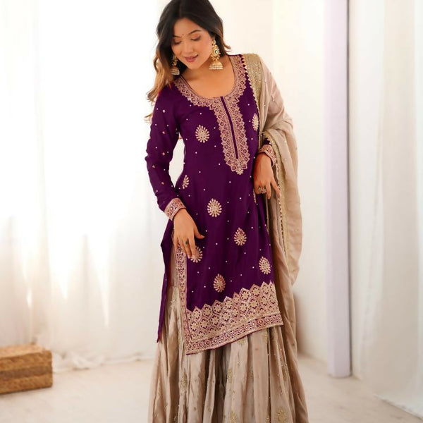 Lehenga Mart Designer Sharara Suit With Kurta, Sharara, Dupatta For Women-Wine - Distacart