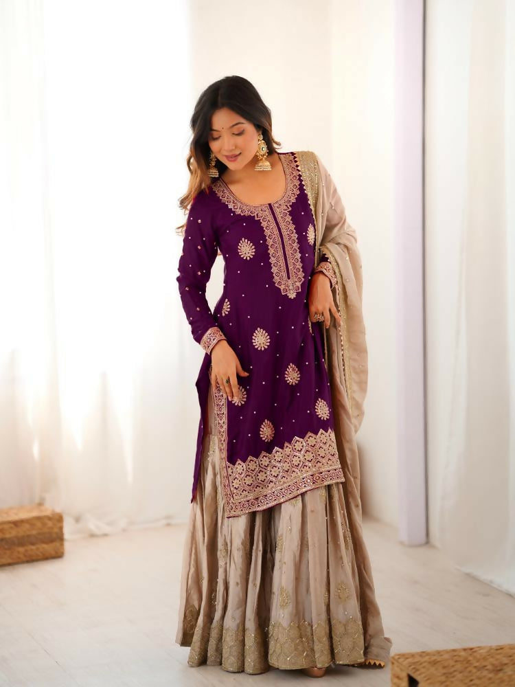 Lehenga Mart Designer Sharara Suit With Kurta, Sharara, Dupatta For Women-Wine - Distacart